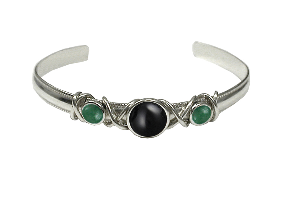 Sterling Silver Hand Made Cuff Bracelet With Black Onyx And Jade